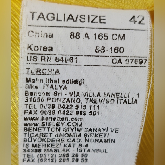 United Colors Of Benetton Duffle Coat Womens Size 6 Yellow Jacket Full Zip Wool - Picture 6 of 11